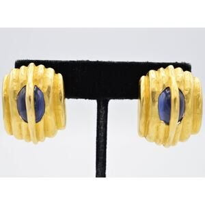 Givenchy Vintage Cabochon Clip On Earrings Brushed Gold Blue Chunky Signed BinX